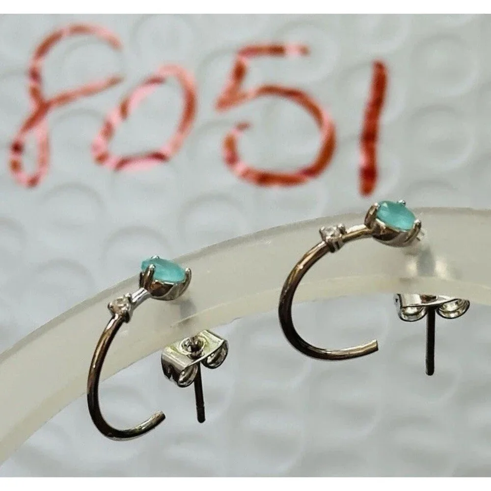 Bomb Party Aqua Blue Faceted Stone Open Hoop Stud Earrings Rhodium Plated